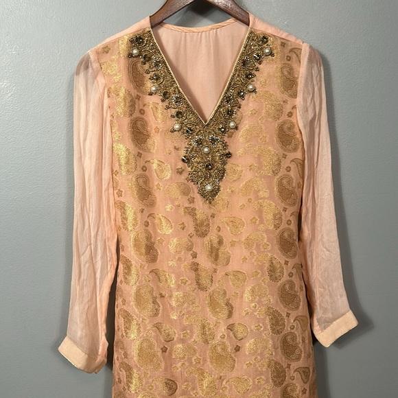 Light peach beaded v neck chiffon midi dress size small ethnic Indian - Picture 4 of 14